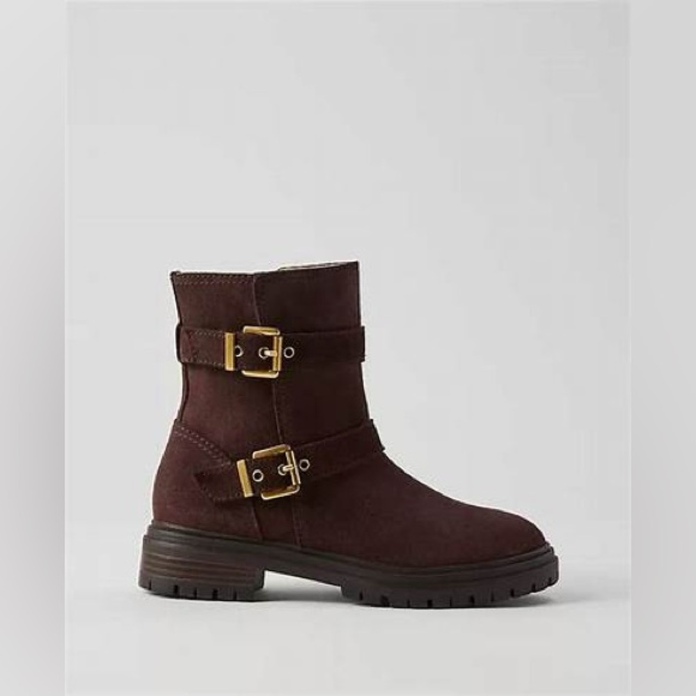 Ann Taylor Buckle Suede Boot Bootie Lug Sole 826290